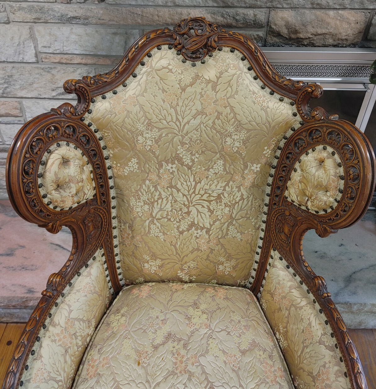 VINTAGE 20th CENTURY ANTIQUE FRENCH TUFTED CARVED WOOD WINGBACK CHAIRS