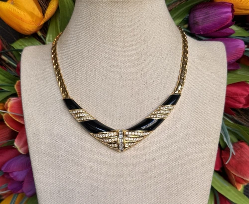 s-l500 New Christian Dior Paris Crystals Black Enamel Choker Necklace 16”