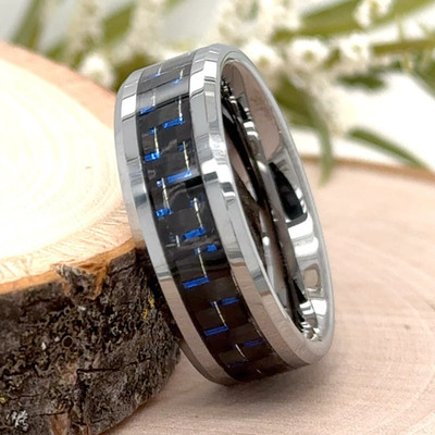 8mm Polished Silver Tungsten Ring Featuring Carbon Fiber Inlay   Modern Band