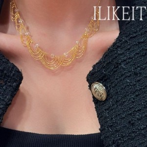 Authentic 925 Silver Gold Plated Crystal Layered Lace Wave Necklace