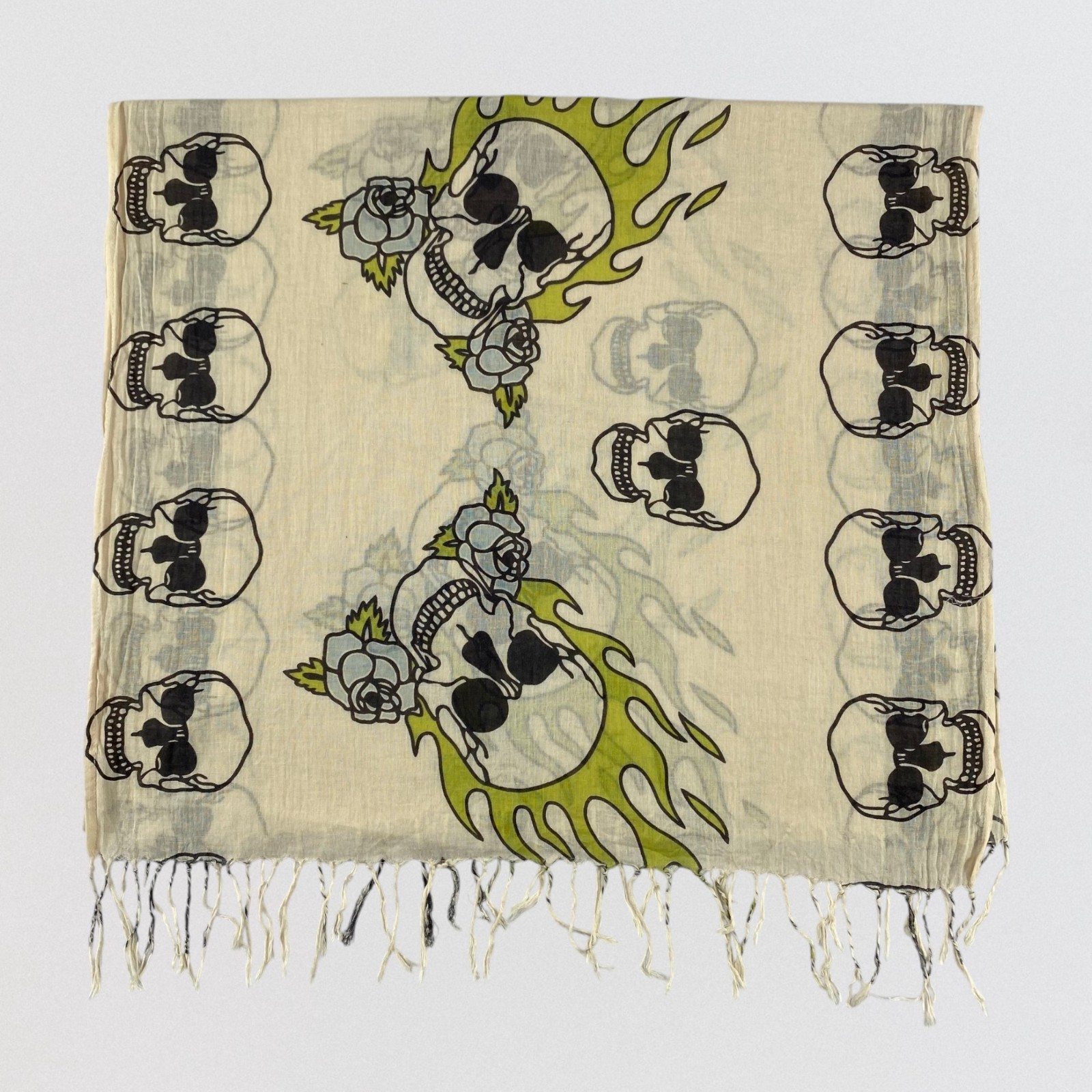 Vintage Alexander McQueen Style Skull & Flame Silk Scarf Cream Green 71x20.5