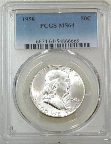 1958 P Franklin Half Dollar PCGS MS64 95% FBL White Frosty Luster PQ #W273R