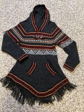 VTG Alpaca Wool Hoodie Sweater Artesania Edm Llama Knit Fringe Boho Aztec Sz S/M