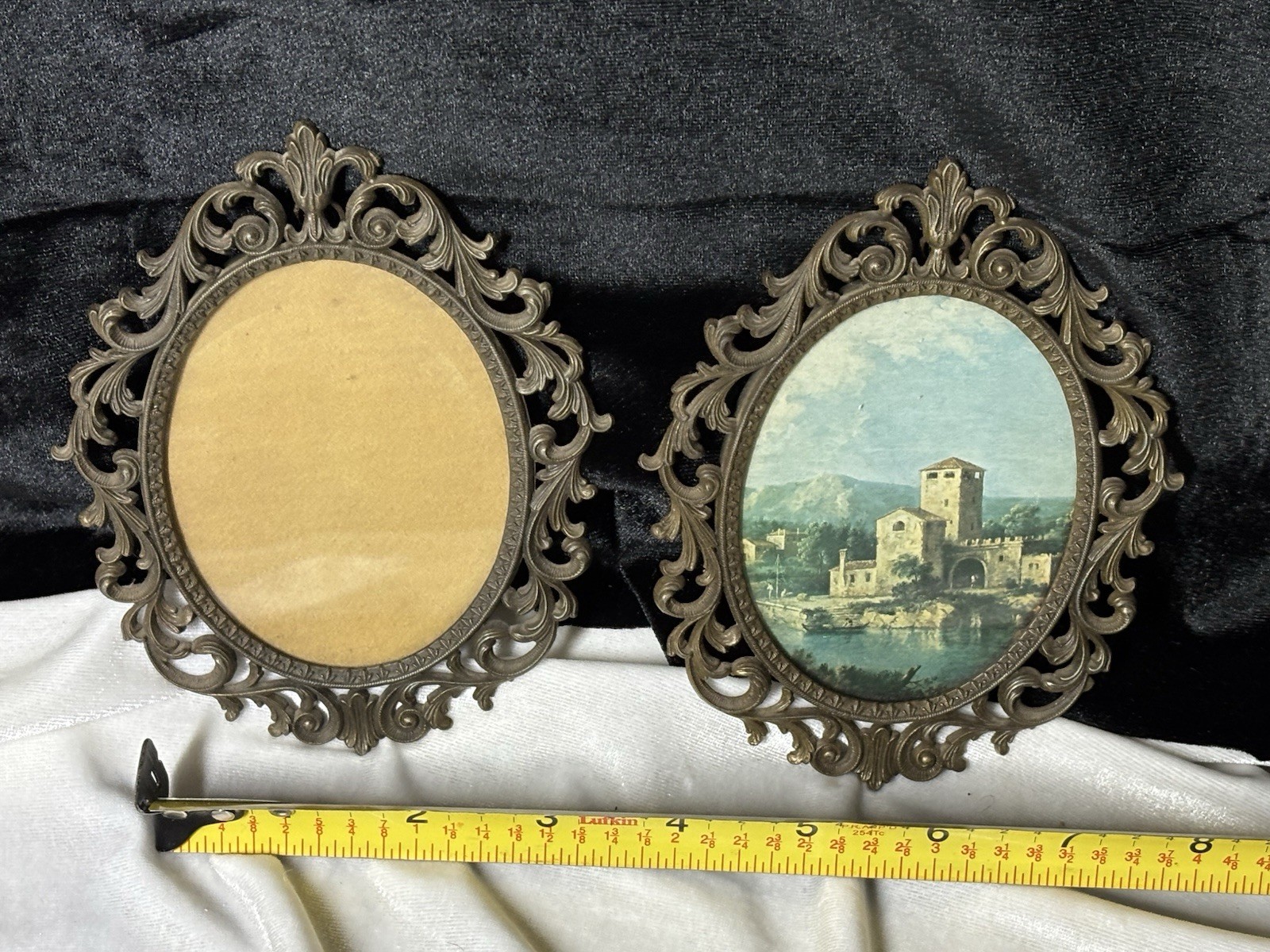 Vintage Italy Pair Ornate Metal Frames w/Oval Glass And One  Print - 4x5” Italy