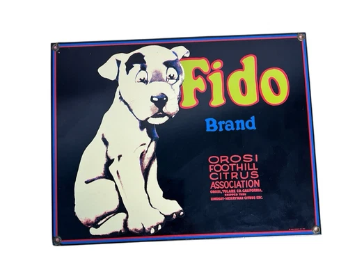 Vintage Ande Rooney Porcelain Enameled Advertising Fido Brand Sign 11.5” x 9”