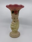 Vtg Fenton Art Glass Hand Painted Burmese Hand Vase 2001 Artist Signed Glows