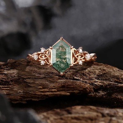 Unique Hexagon Cut Moss Agate &Moissanite Engagement Ring, Celtic Knot Band Ring