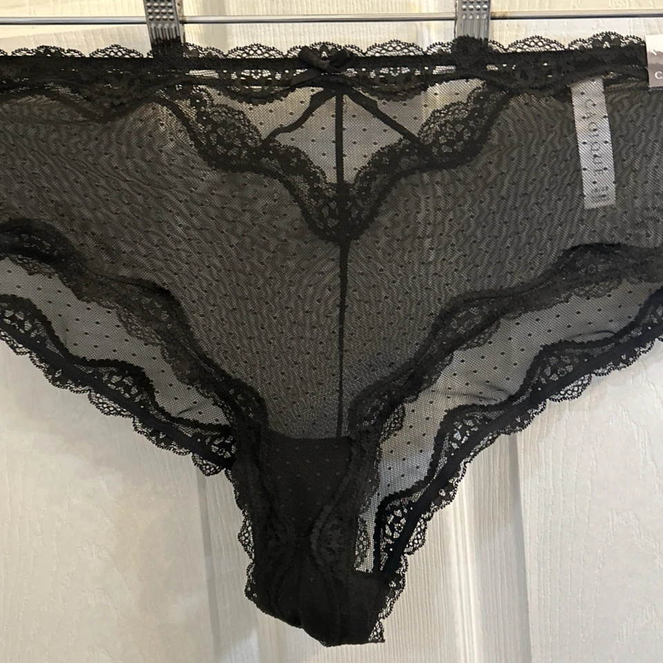 Cacique Cheeky Bragas 26/28 Talla Grande Negro Malla Transparente Encaje Ribete Lencería Nuevo con Etiquetas Foto 4 de 4