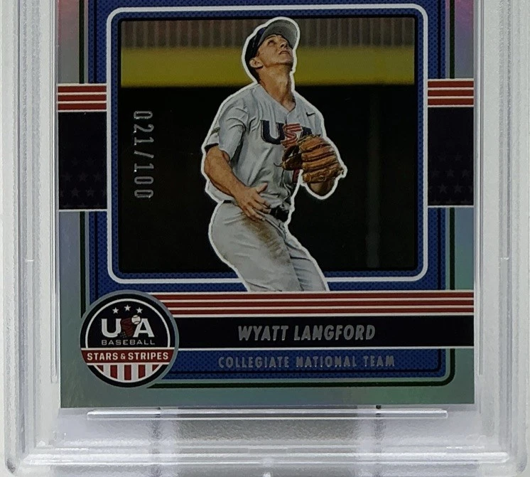 Wyatt Langford Rookie Auto PSA 10 -2023 Panini Stars & Stripes Holo /100 Rangers - Image 3 of 4