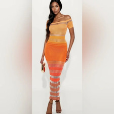 Fashion Nova Off Shoulder Crochet Sheer Stripe Knit Maxi Dress / Swim Coverup