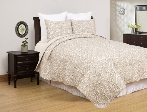 Elmont Beige Tan Contemporary Scroll Full/Queen 3-Piece Lightweight Quilt Set - Picture 3 of 4