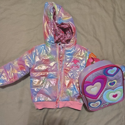 Toddler Girls Shiny Pink Rainbow Trolls Hooded Puffer Jacket 3T w/Backpack NWT