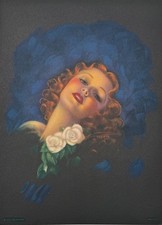 Vintage Billy DeVorss Pin-Up Print Redhead with Roses Glamour Art Deco Style