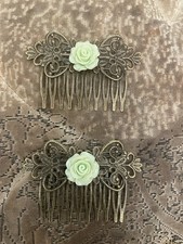 2 Retro Mint Green Rose flower Bronze Victorian Filigree Small Hair Comb Combs