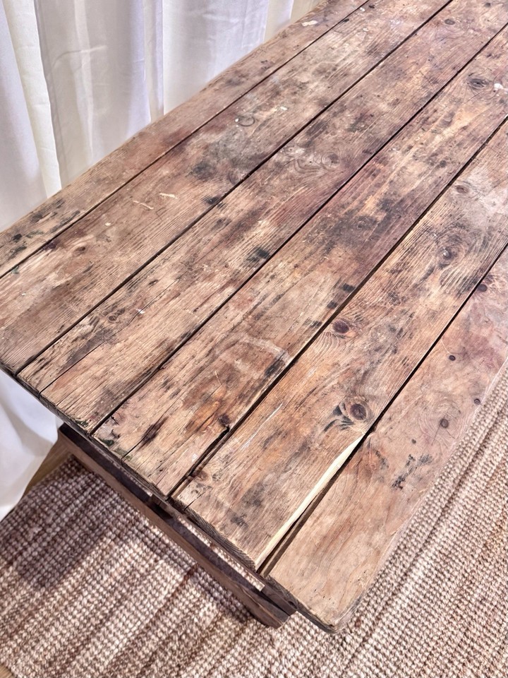 Antique Vintage Long Folding Wooden Trestle Table Rustic Farmhouse Pine ...