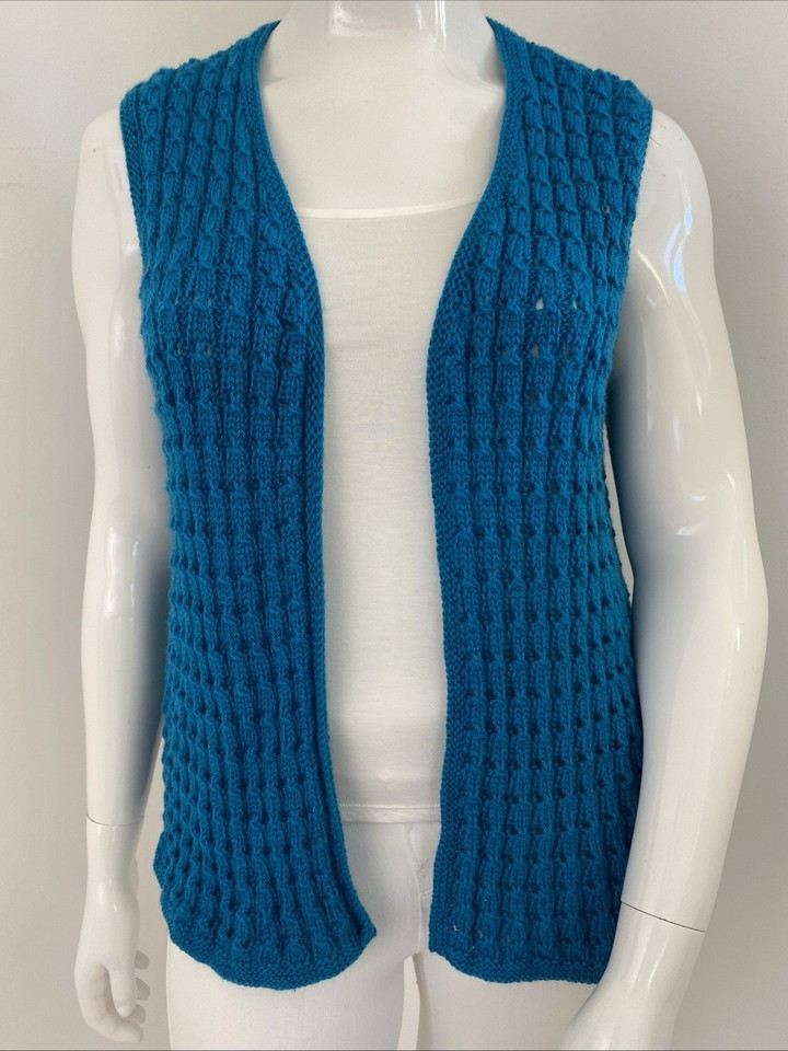 Textured Hand Knitted S - M / 10-12 Turquoise Blue Pure Wool Vest Open Cardigan