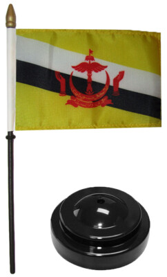 Brunei 4''x6'' Flag Desk Wood Table Stick Staff Black Base