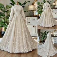 Lace Applique Muslim Wedding Dresses High Neck Long Sleeves A Line Bridal Gowns
