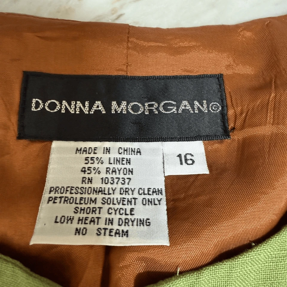 Donna Morgan vintage Green Skirt Suit Linen Blend Floral Embroidered Jacket 16 - Image 4 of 4