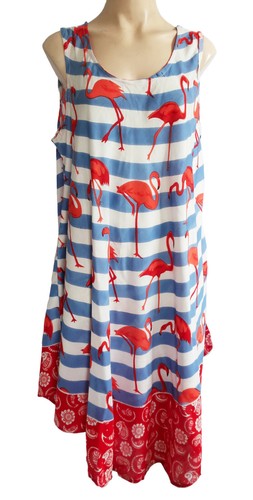 Sommer Viskose Gestreift Kleid Mit Flomingo Freie Größe UK 14 Sich 18 Pink/Blau - Bild 8 von 9