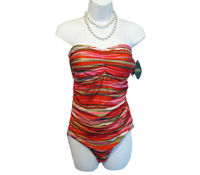 NEW ATHENA Bandeau Bathing Suit Swimsuit Size 12 L STRIPED Pink Red SEXY NWT