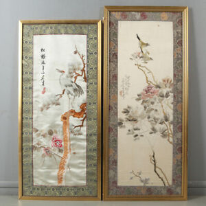 Embroidered silk panel art embroidery Asian-inspired decorative panel birds in a flowering tree
