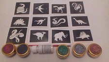Dinosaur  snake themed glitter tattoo set including 30 stencils  5 colors