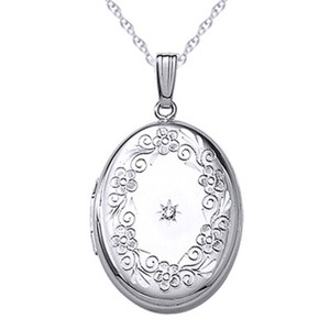 Authentic Natural Diamond Oval Engraved Locket Pendant 14K White Gold Plated Sterlg Silver