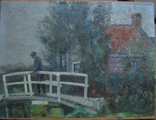 Mann on One Wooden Bridge Oil Painting° Probably Holland Or Belgen Um 1920