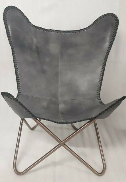 Gray Color Handmade Leather Stitch Butterfly Golden Full Folding Relax Arm chair ZN11342