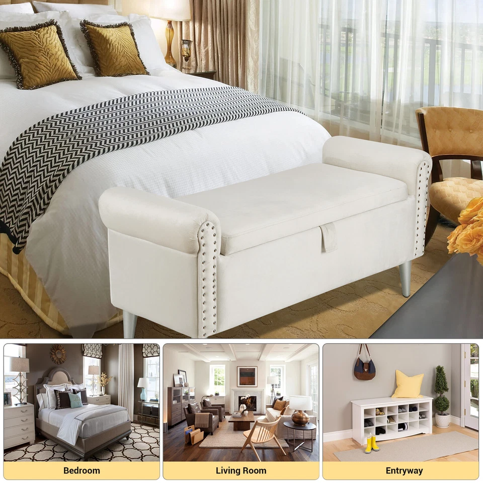 Banco de Almacenamiento 47" Reposapiés Extremo del Asiento de Cama Terciopelo Tapizado Otomano Brazo Enrollado Foto 2 de 4