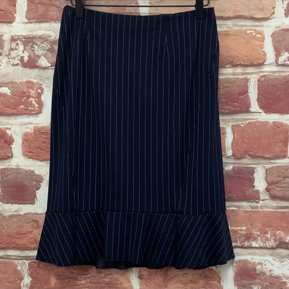 White House Black Market Skirt Womens Size 4 Navy Blue Ruffle Striped Zip Up