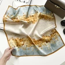 100% Silk Mulberry 26" Square Scarf Women Neckerchief Wrap Beige Oil Painting YL