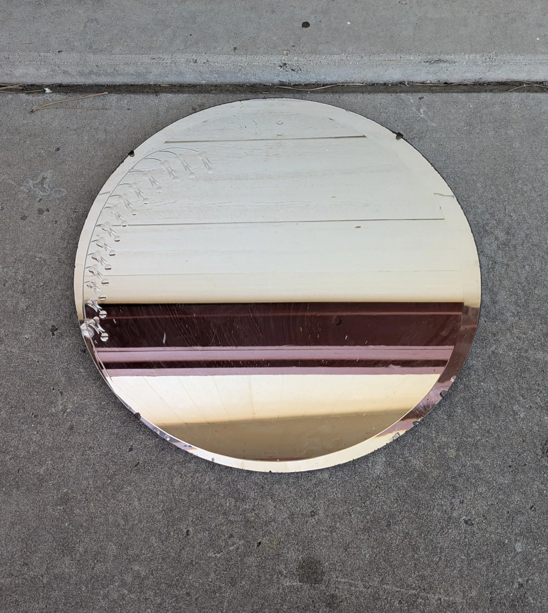 Antique Art Deco Round Beveled Edge Wall Mirror Etched Floral Berry Frameless
