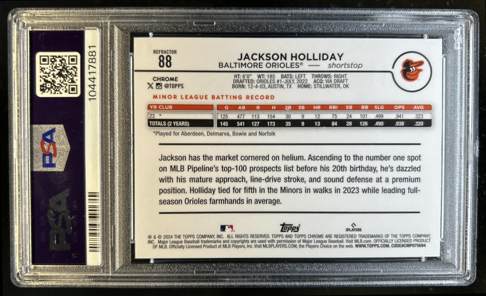 2024 Topps Chrome Jackson Holliday RC Refractor Rookie #88 Orioles PSA 9 view 2