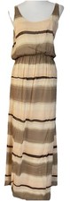Alice + Olivia 100% Silk Blouson Maxi Dress Sz L Beige Ivory Striped Boho Beach