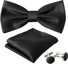 Men'S Bow Tie Set Solid Color Pre-Tied Bow Tie and Pocket Square Cufflink Set wi