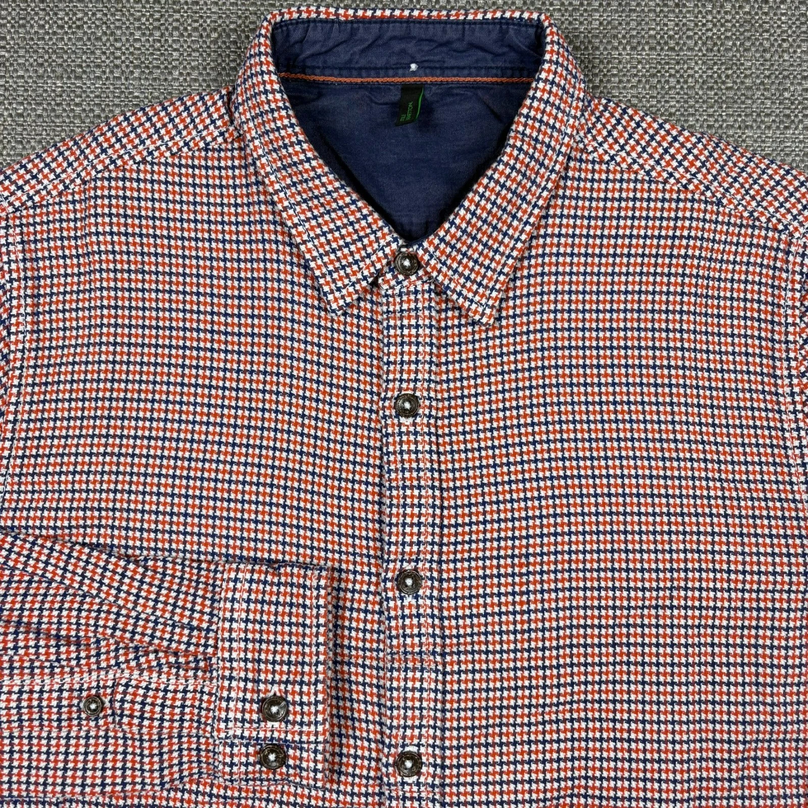 Benetton Men's Shirt M Long Sleeve Red White Blue Plaid Regular Medium Vintage