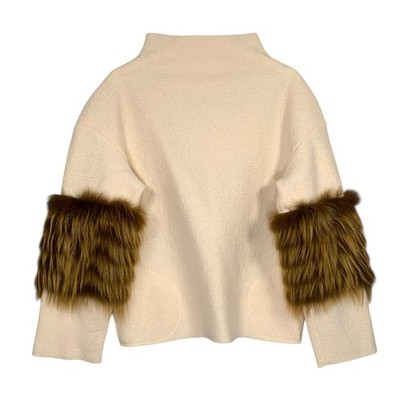 Saks Potts Fuchspelz Wollpullover Gr UK12 Creme Mock Neck Sweater Apres Ski