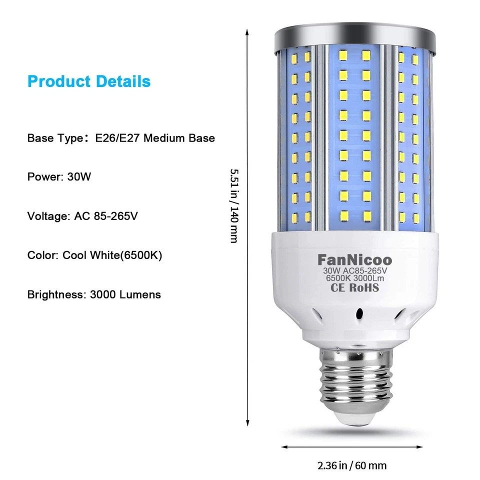 2-Pack 200W Equivalent Corn Light Bulb 3000 Lumen 6500K Cool White Daylight 3... - Image 2 of 4