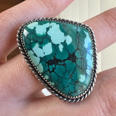 Tibetan Turquoise Sterling Silver Ring ~8 Handmade Studio Art Jewelry Signed 925