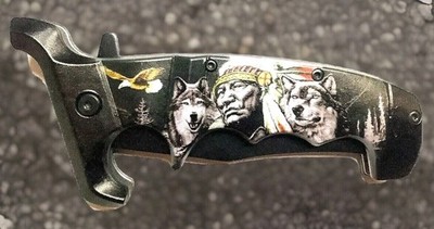 Defender-Xtreme 9'' Indian Spirit & Wolves Spring Assisted Folding Knife Belt Cli