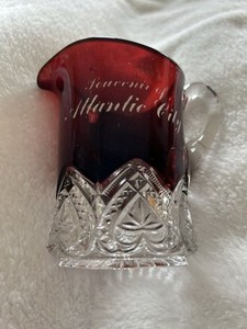 REDUCED Antique Creamer Ruby Red Cut To Clear Glass Souvenir of Atl City Star
