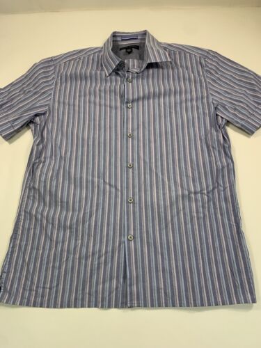 Banana Republic Shirt Mens Medium 15-15.5 Gray Striped Short Sleeve Button Up