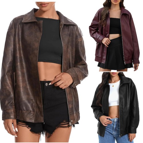 Women's Faux Leather Jackets Long Sleeve Zipper Oversized Motorcycle Biker Coat
