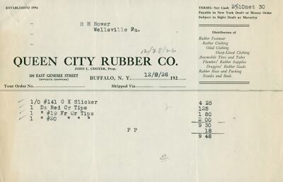 1926 Queen City Rubber Co. Buffalo NY Billhead Rain Slicker Wellsville PA Bower