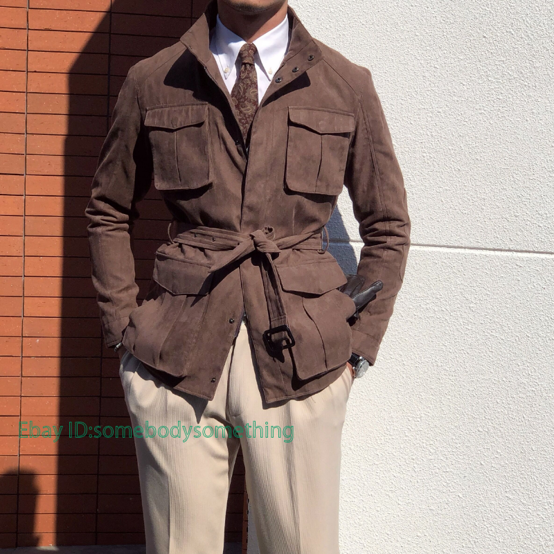 Men's British Syle Suede Hunting Jacket Top Casual Slim Belt Men's British Syle Suede Hunting Jacket Top Casual Slim Belt