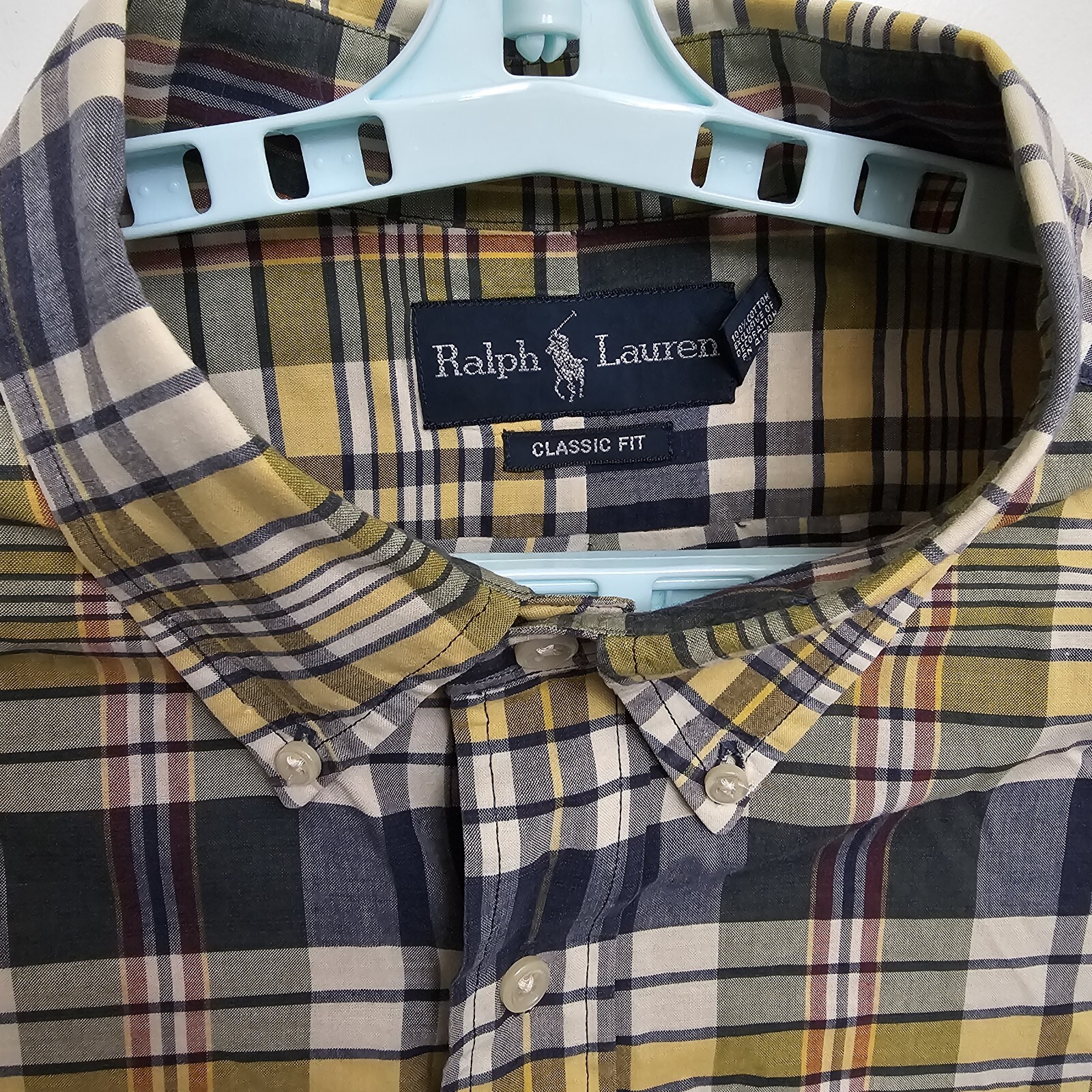 Ralph Lauren camicia uomo XLT blu giallo a quadri vestibilità classica manica lunga pony alta