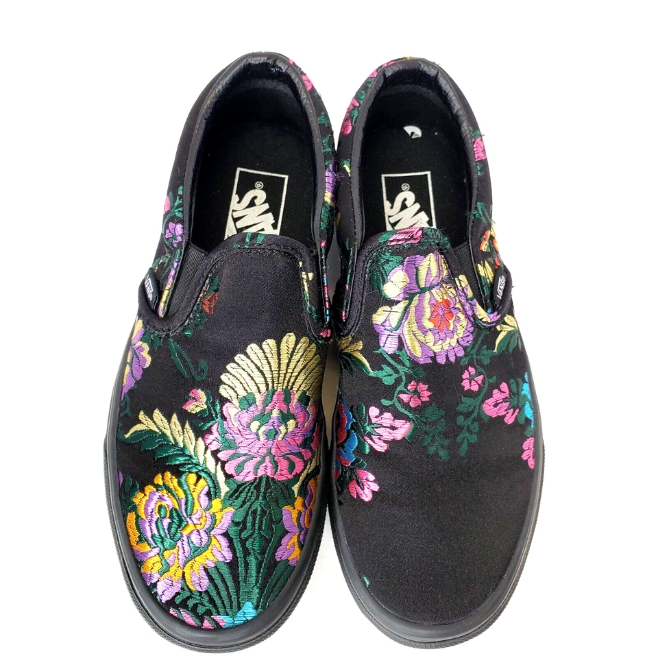 Vans Festival Negro Bordado Flor Satén Slip Ons Mujer’s 6.5 Hombre’s 5 Foto 2 de 4