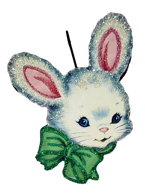 ADORABLE LITTLE BUNNY w  GREEN BOW *  Glitter EASTER ORNAMENT  *  Vtg Img